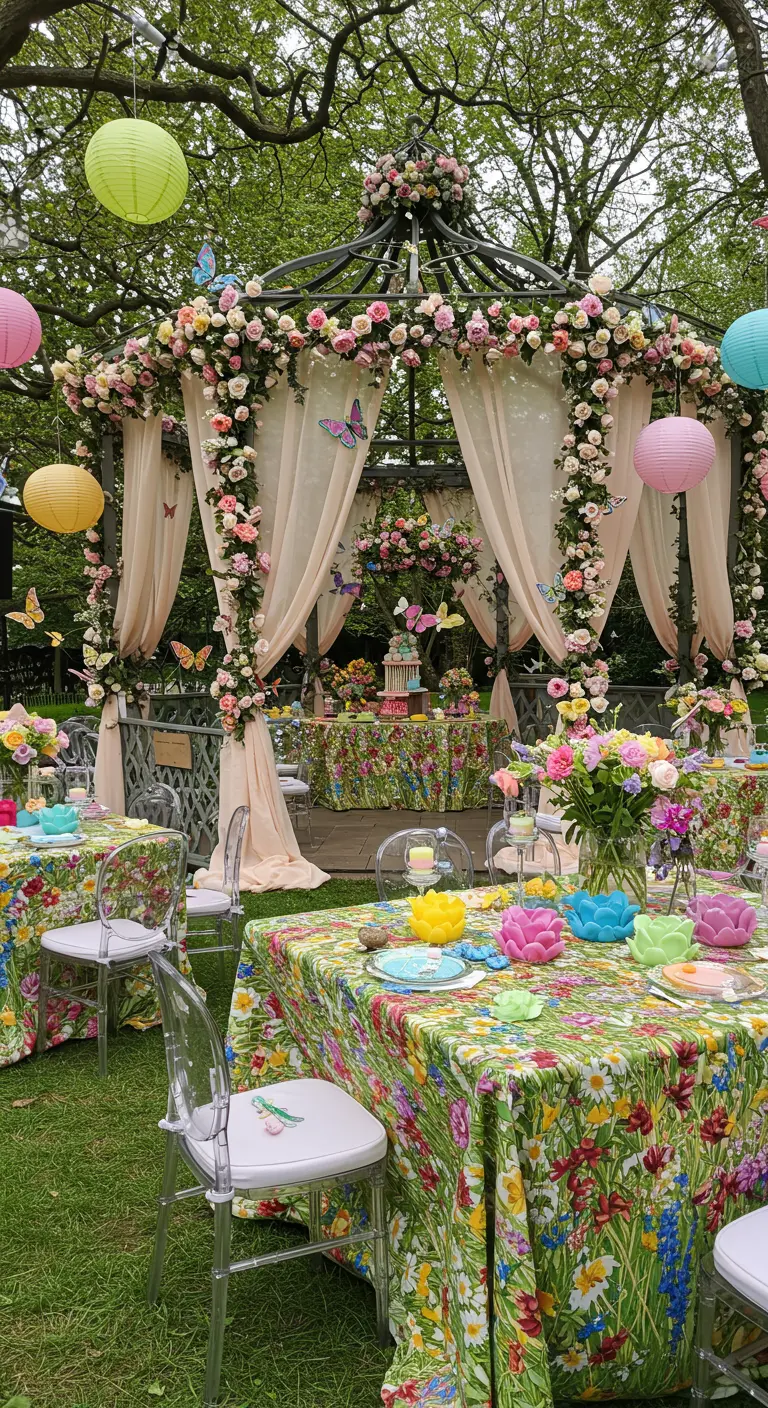 Kiosque de jardin décoré de fleurs, papillons, lampions colorés et tables avec nappes fleuries vives.