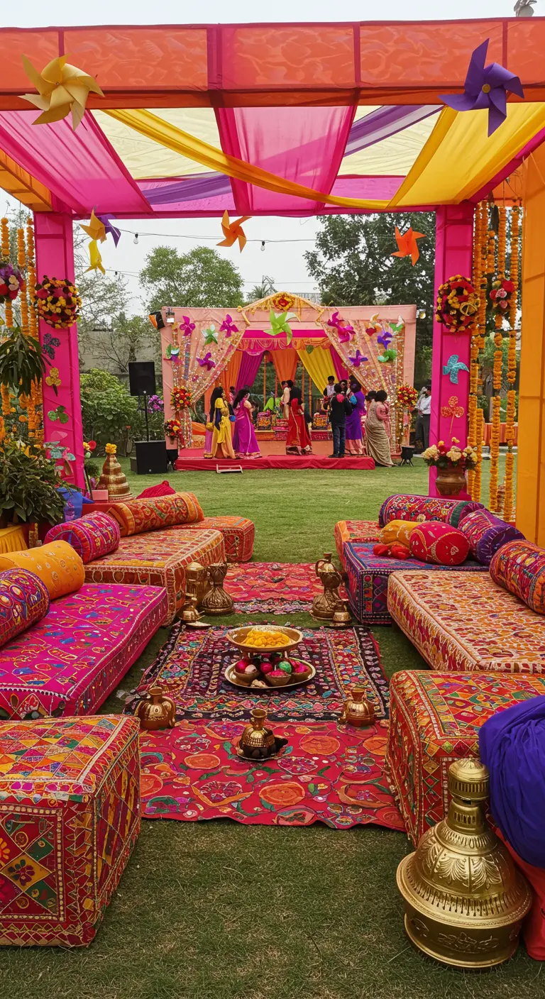 Fête de jardin très colorée avec des tissus brodés et des décorations vives.