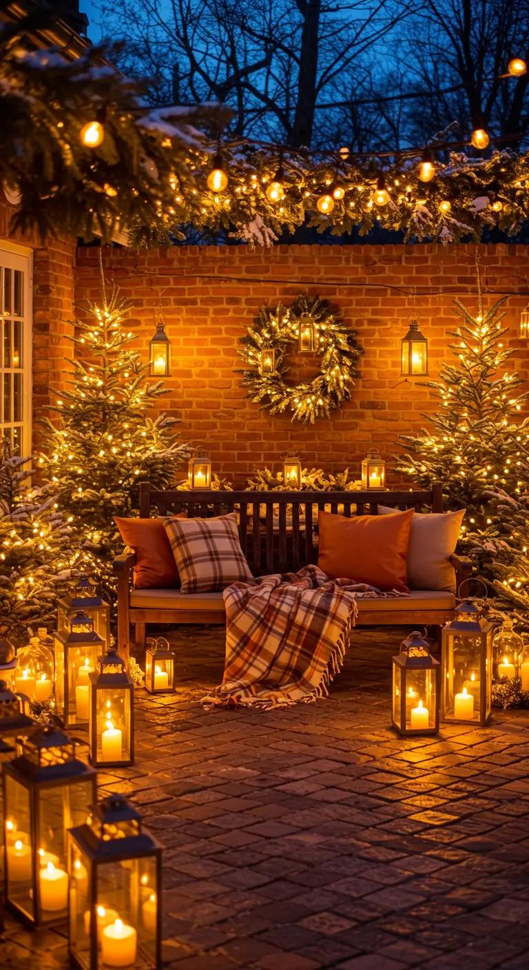 Patio en briques sur-illuminé avec des dizaines de lanternes, des sapins et un banc.