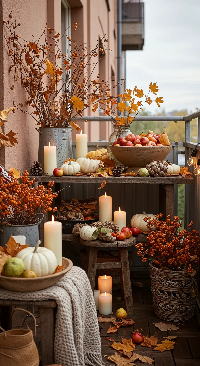 Étagère rustique décorée avec des citrouilles blanches, des branches et des bougies.