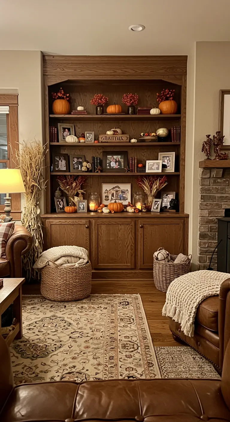 Étagères décorées avec des citrouilles, des baies, des bougies et des photos, ambiance automnale.