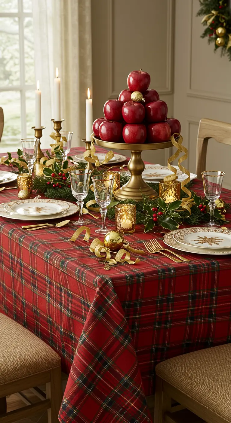 Table avec nappe écossaise, piédestal doré de pommes rouges, houx et bougies dorées.
