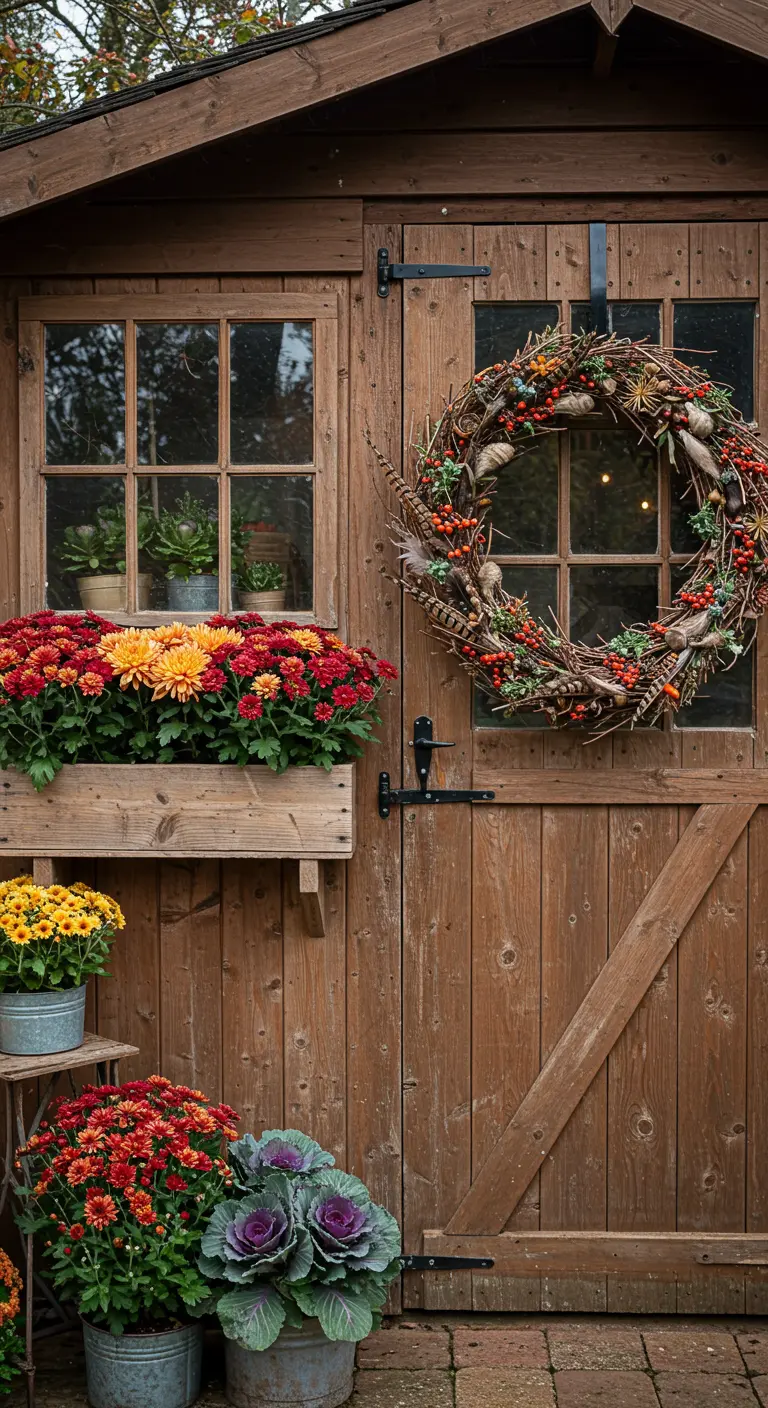 Abri de jardin en bois décoré d'une couronne d'automne et de pots de chrysanthèmes.