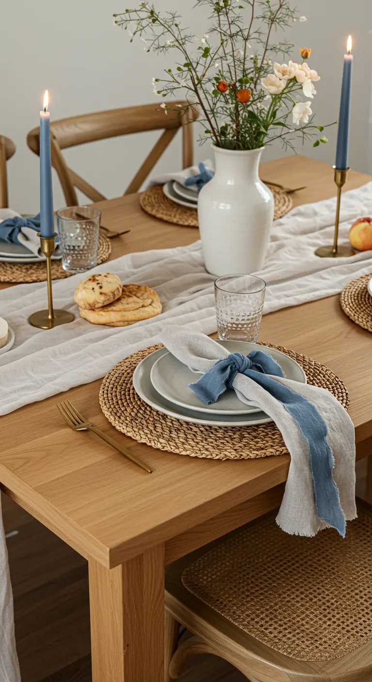 Table en bois clair avec sets de table en jonc, bougies et serviettes bleues.