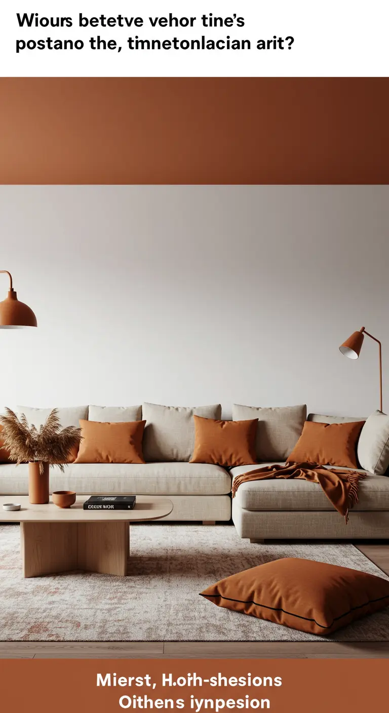 Salon avec un canapé beige et des accents de couleur terre cuite sur les coussins.