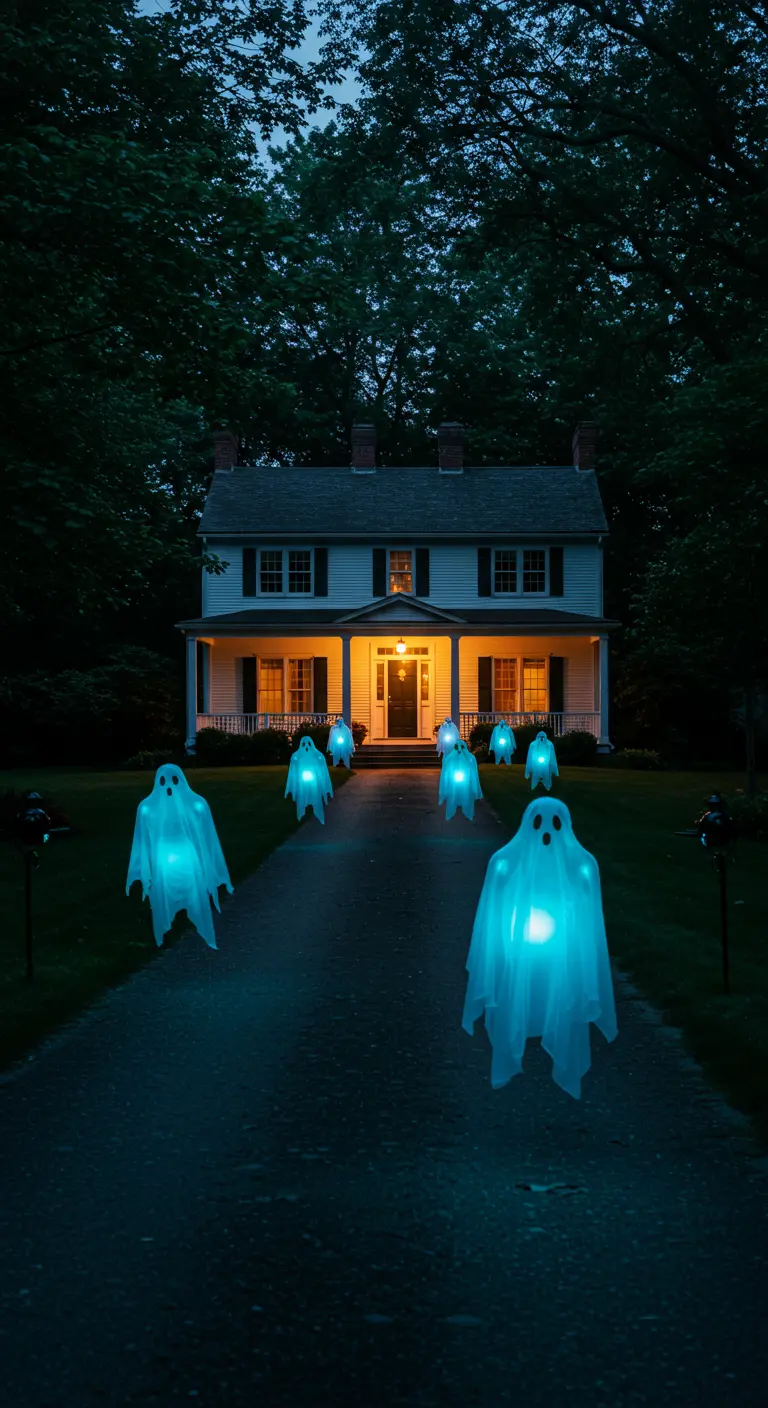 Fantômes lumineux faits de draps bleutés alignés le long d'une allée de maison.