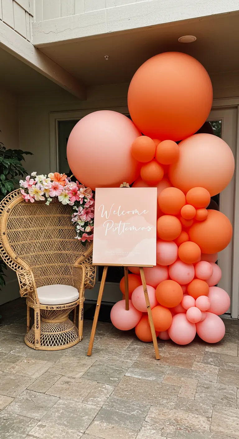 Entrée de fête avec une composition de ballons pêche et corail et un panneau de bienvenue.