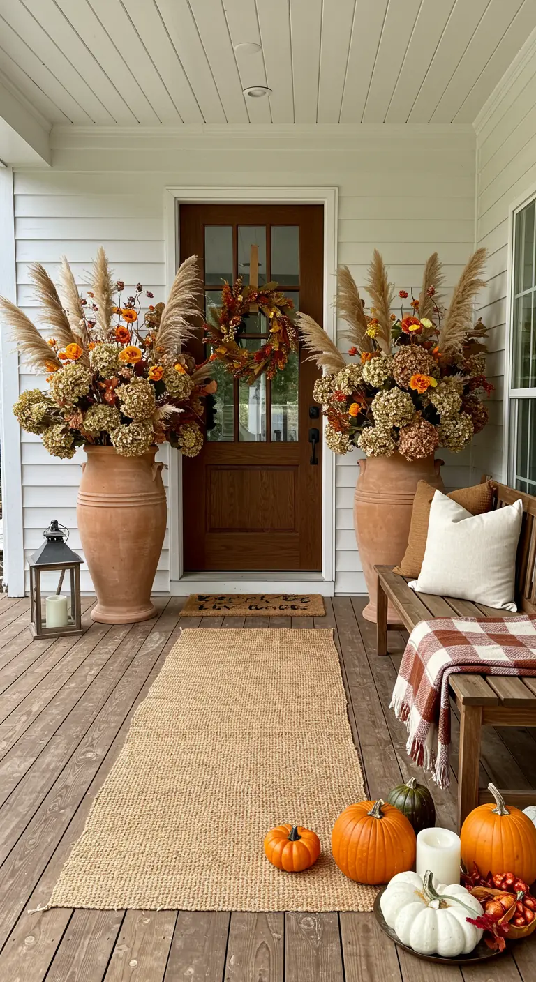 Porche d'entrée avec de grandes poteries, des fleurs séchées et des citrouilles.