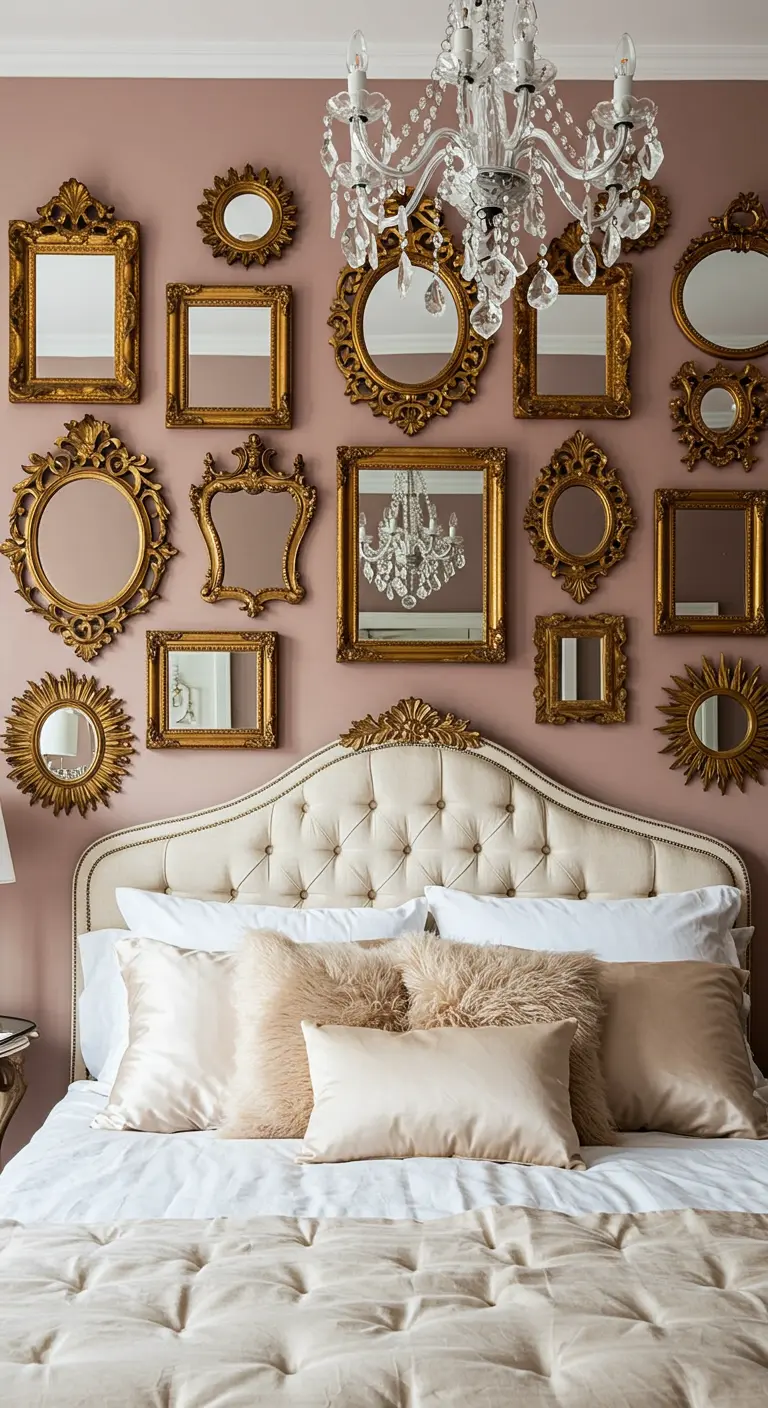 Un mur rose poudré décoré d'une collection de miroirs dorés au-dessus d'un lit capitonné.