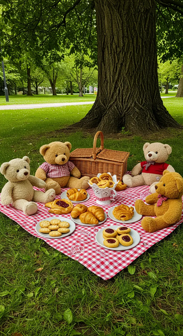 Pique-nique d'ours en peluche dans un parc avec des viennoiseries.