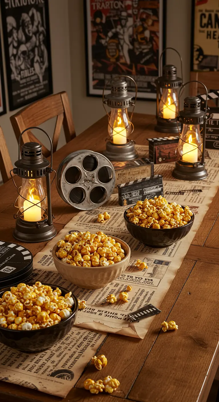 Table rustique avec chemin de table en papier journal, lanternes et bols de pop-corn.