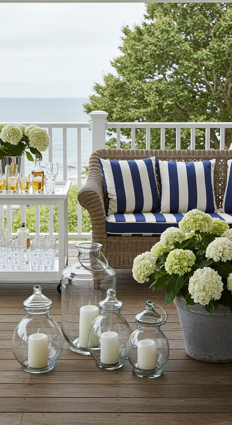 Terrasse en bois avec vue sur la mer, mobilier en rotin et lanternes en verre.