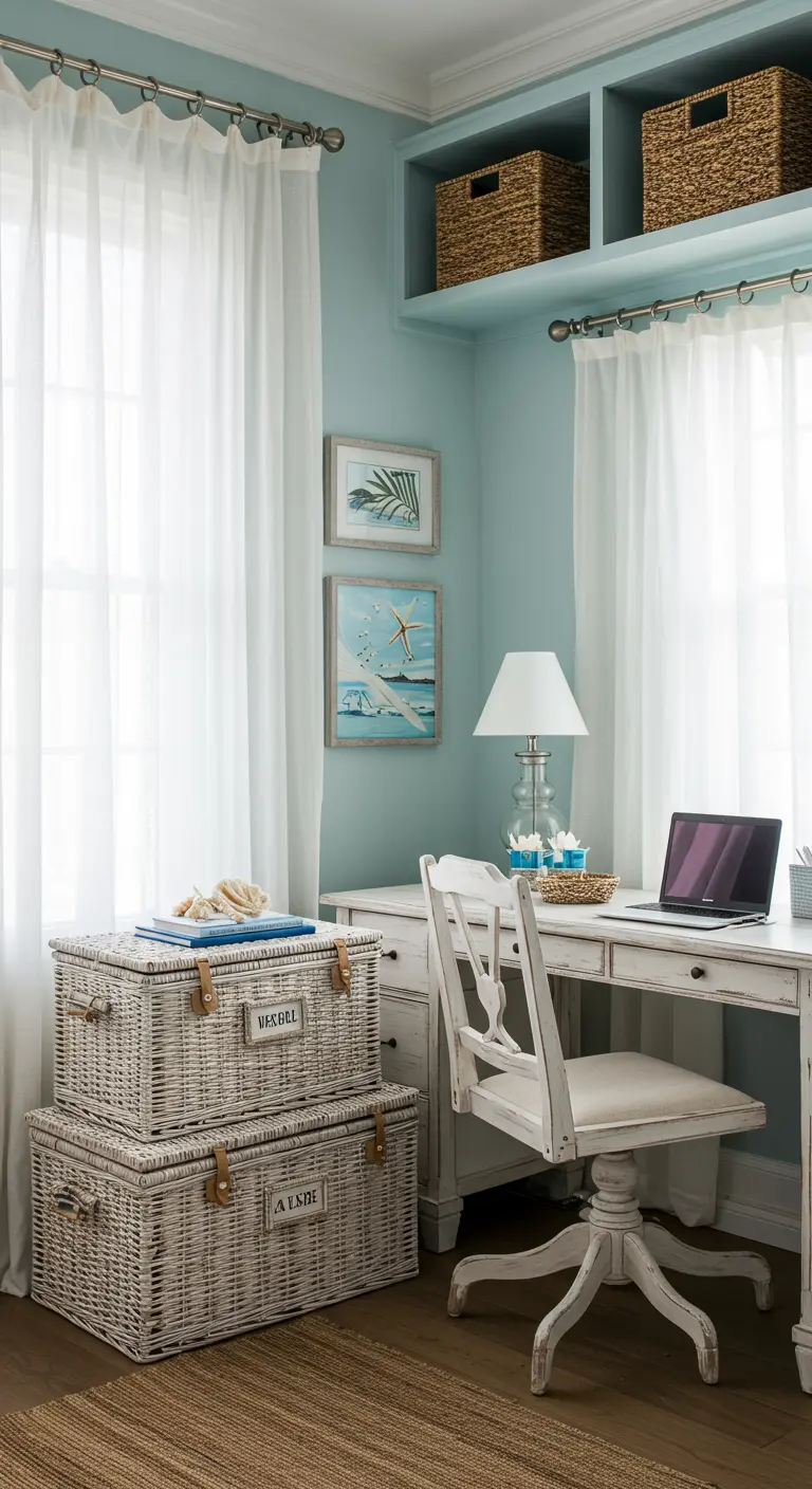 Bureau de style côtier avec des murs bleu clair et de grandes malles de rangement en osier blanc.