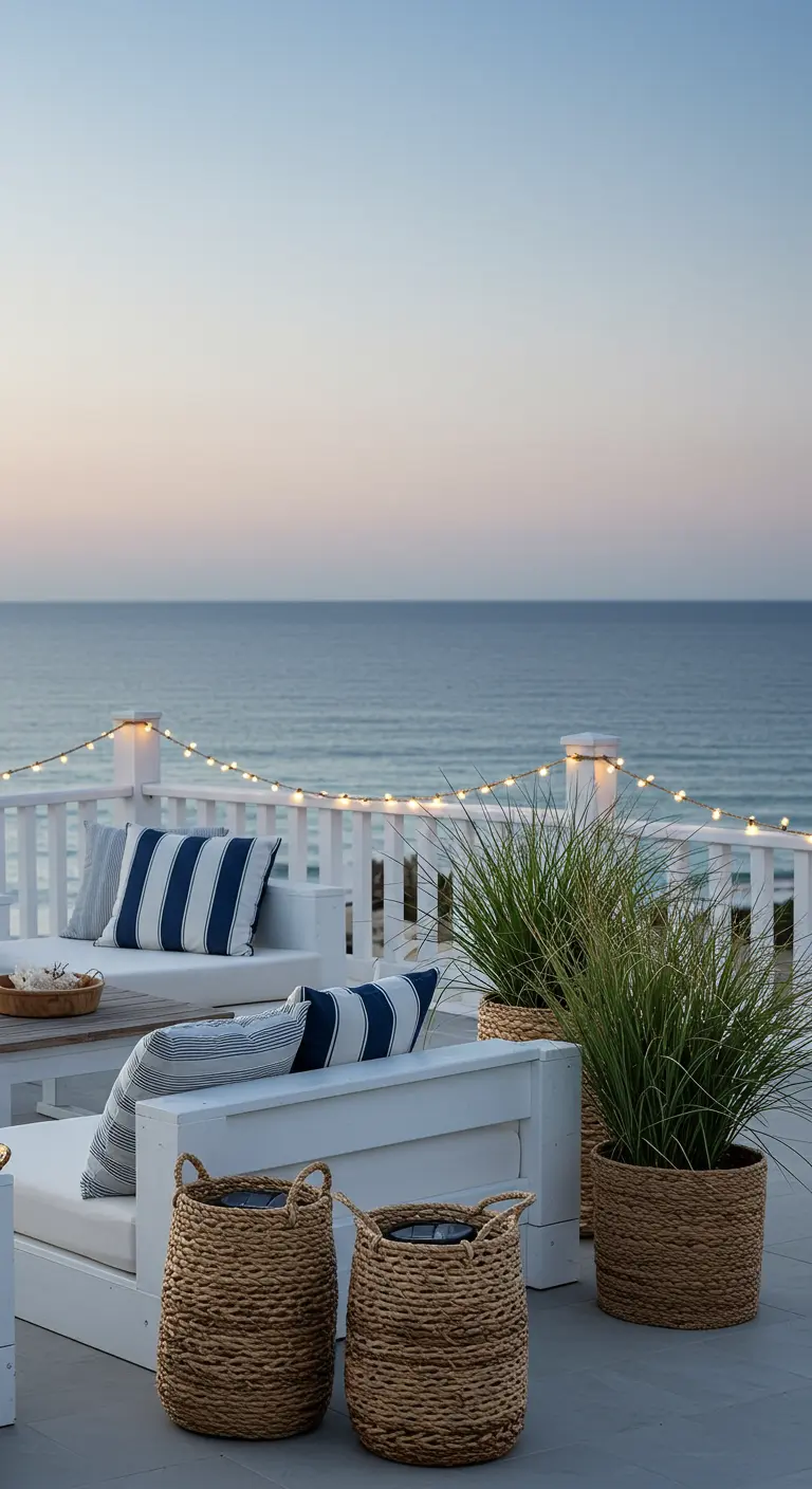 Terrasse côtière avec mobilier blanc et coussins à rayures bleues.