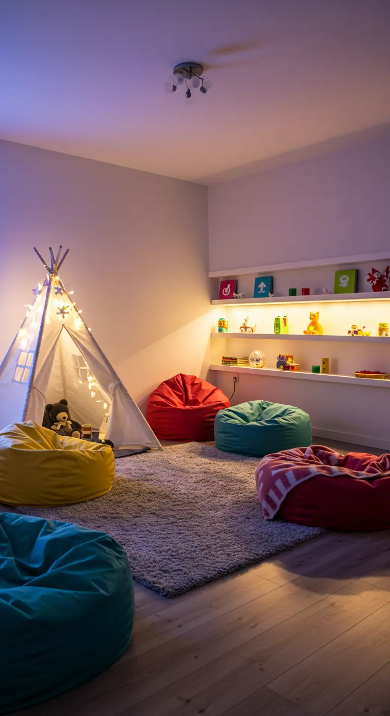 Aire de jeu avec tipi illuminé, poufs colorés et étagères éclairées