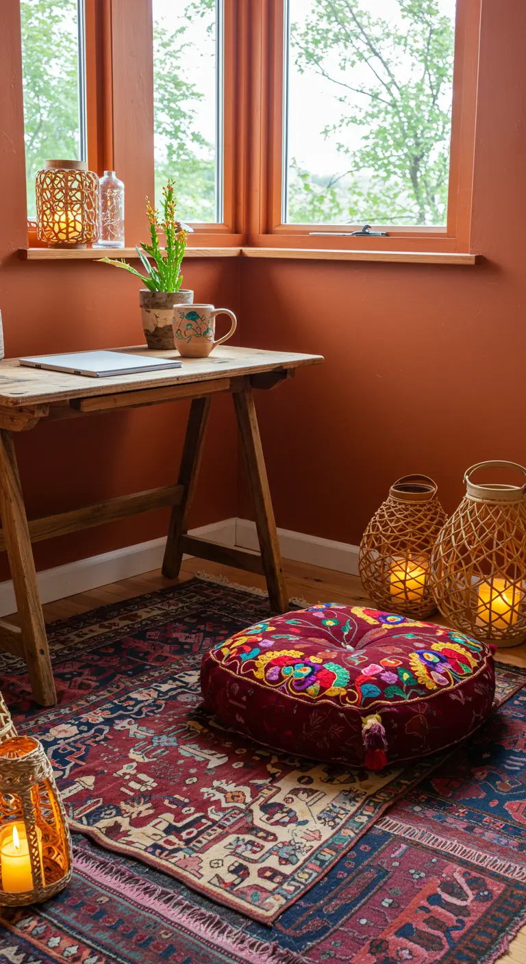 Coin bureau avec murs terracotta, coussin de sol brodé, tapis à motifs, lanternes en rotin.