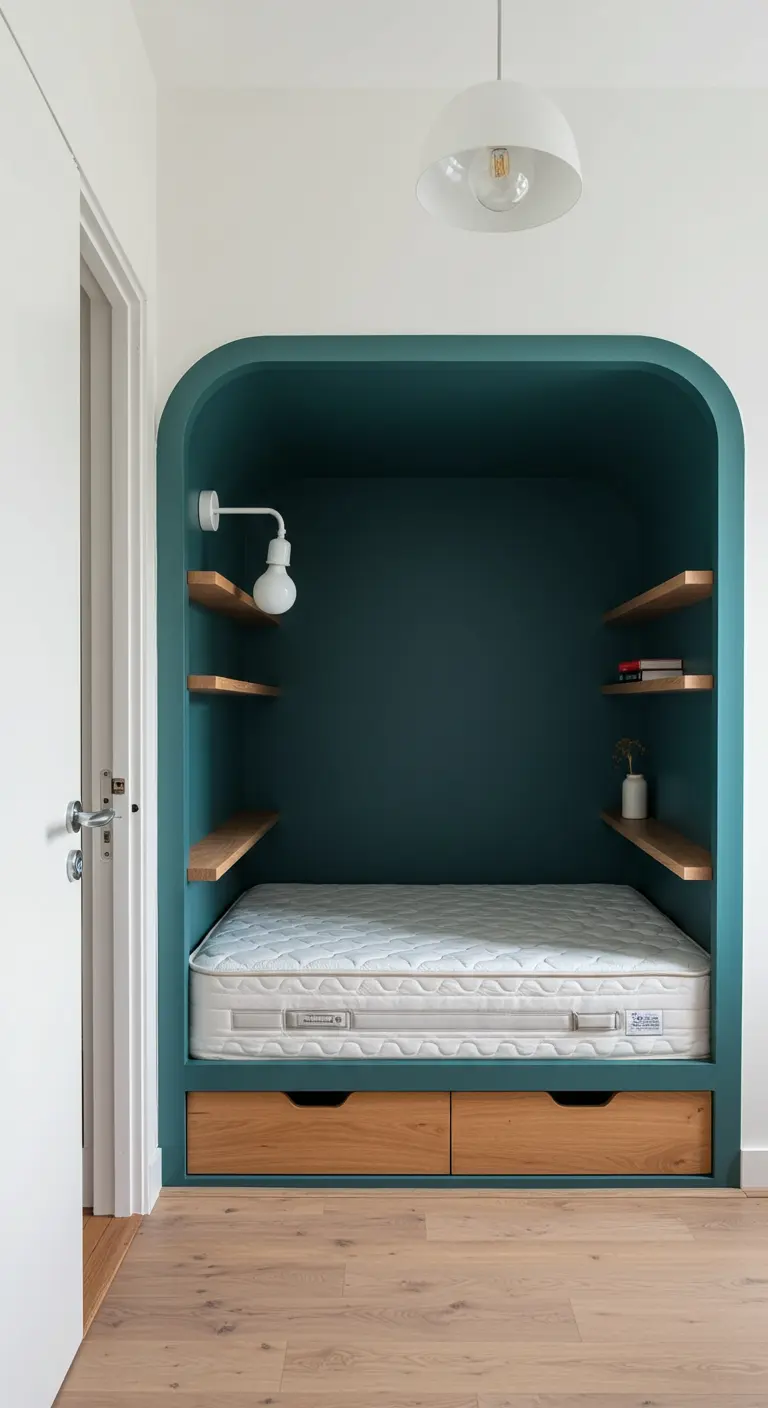 Lit encastré dans une alcôve peinte en vert profond, avec rangements intégrés.