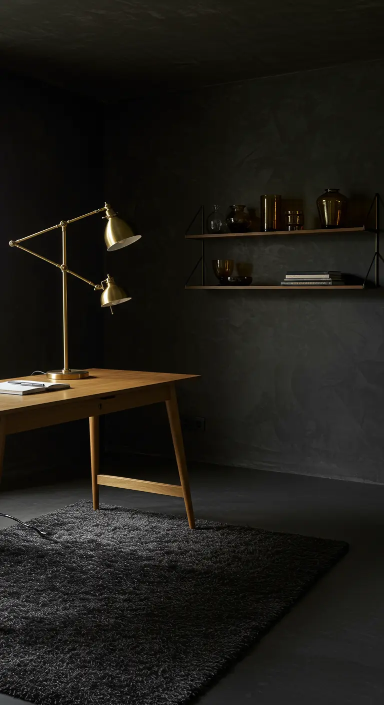 Bureau en bois dans une pièce sombre, éclairé par une lampe en laiton.