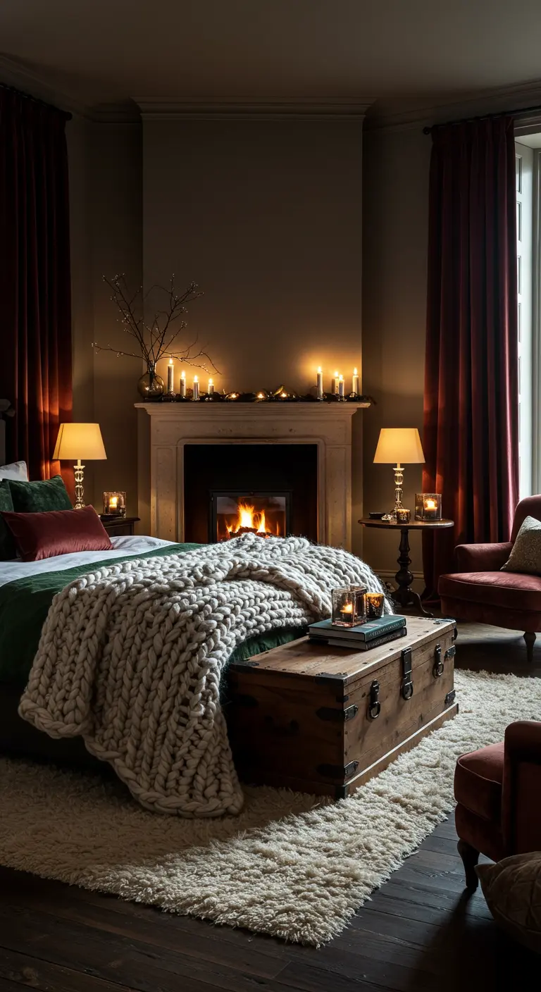 Chambre d'hiver somptueuse avec cheminée allumée, plaid épais et bougies, tons rouges et verts.