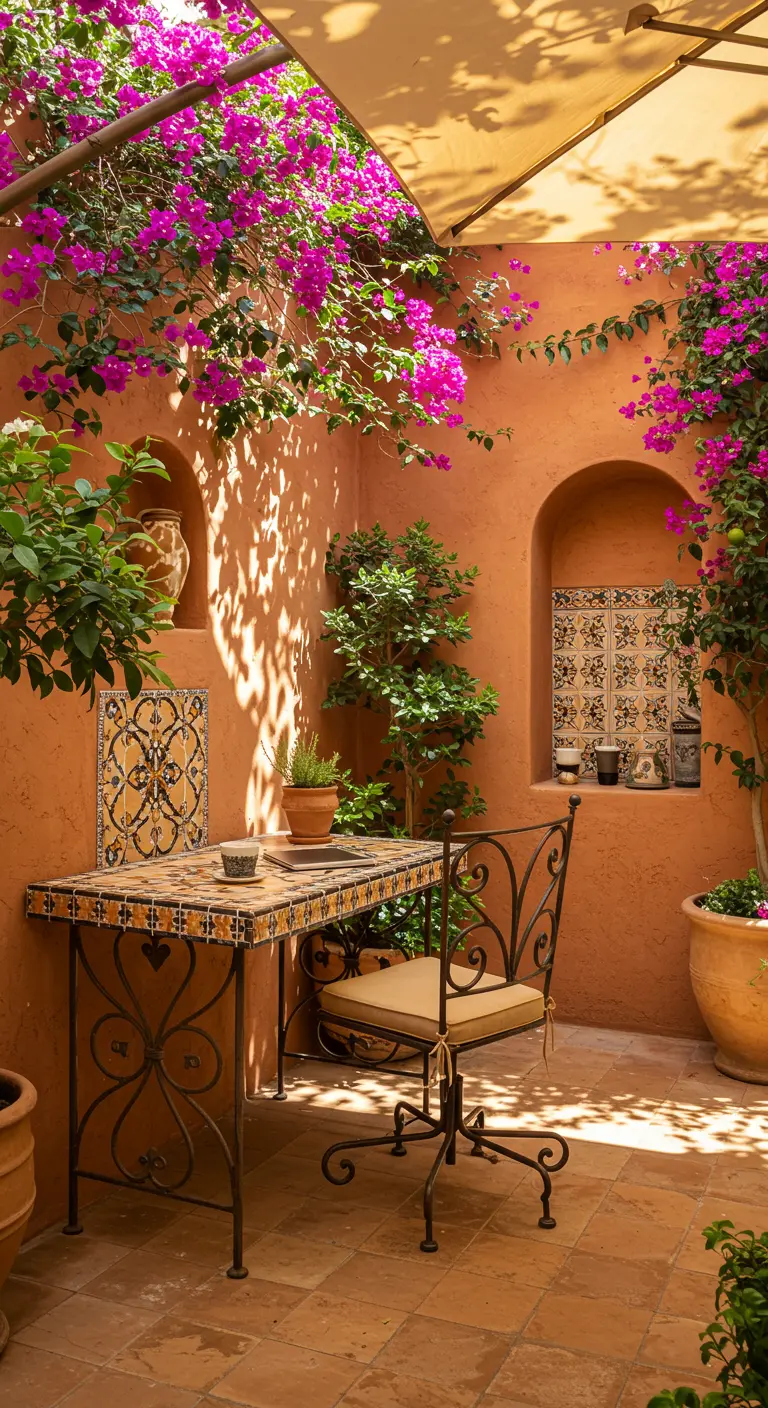 Bureau extérieur méditerranéen avec table mosaïque, mur en terre cuite et bougainvilliers fleuris.