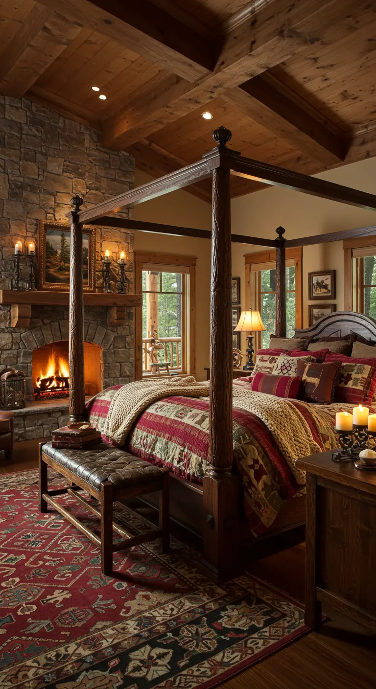 Chambre rustique avec lit à baldaquin, cheminée en pierre et textiles rouges