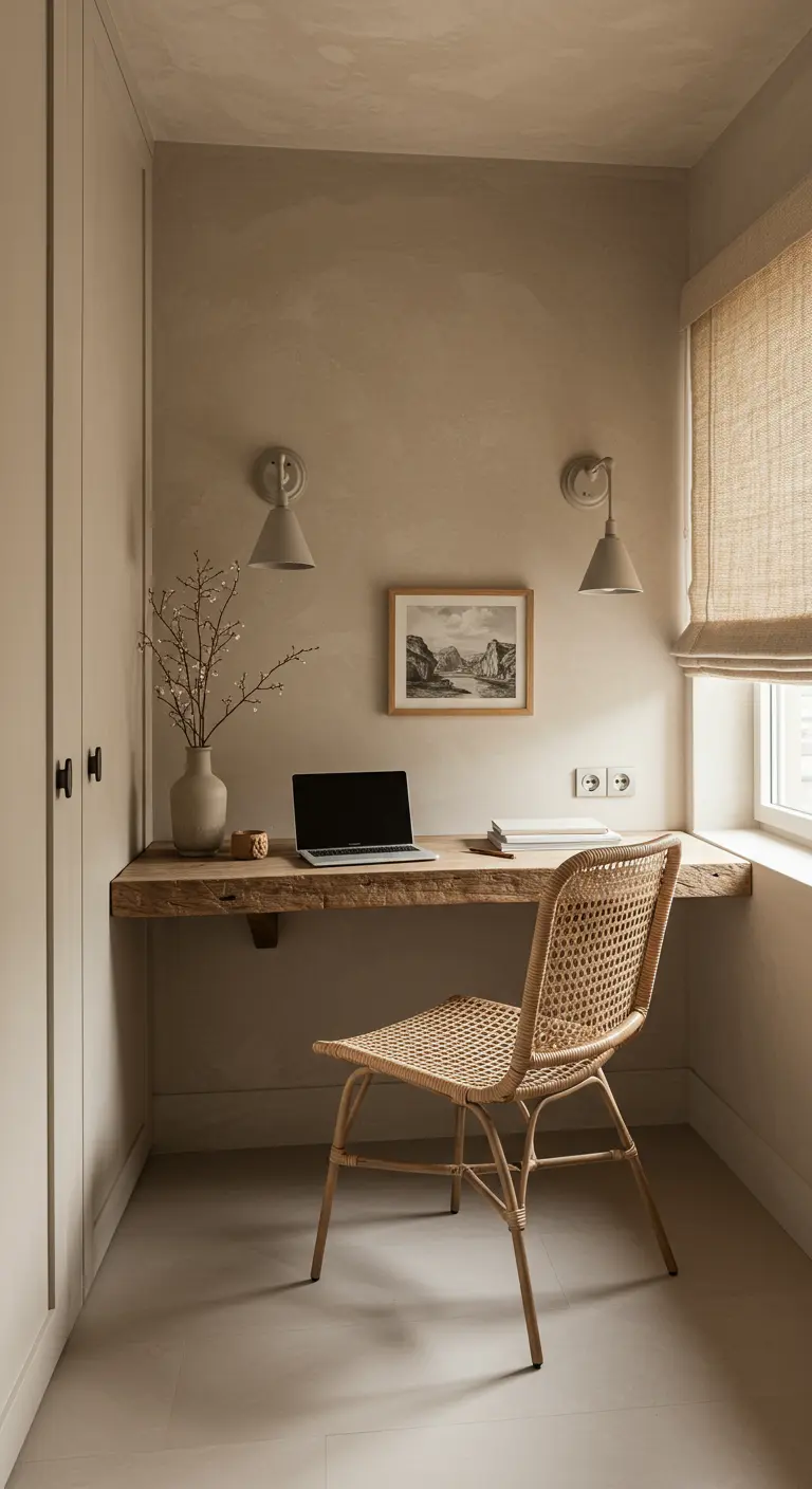 Bureau flottant en bois brut dans une niche avec une chaise en rotin.