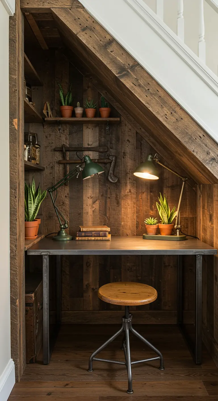 Petit bureau aménagé sous un escalier avec un revêtement mural en bois de récupération.