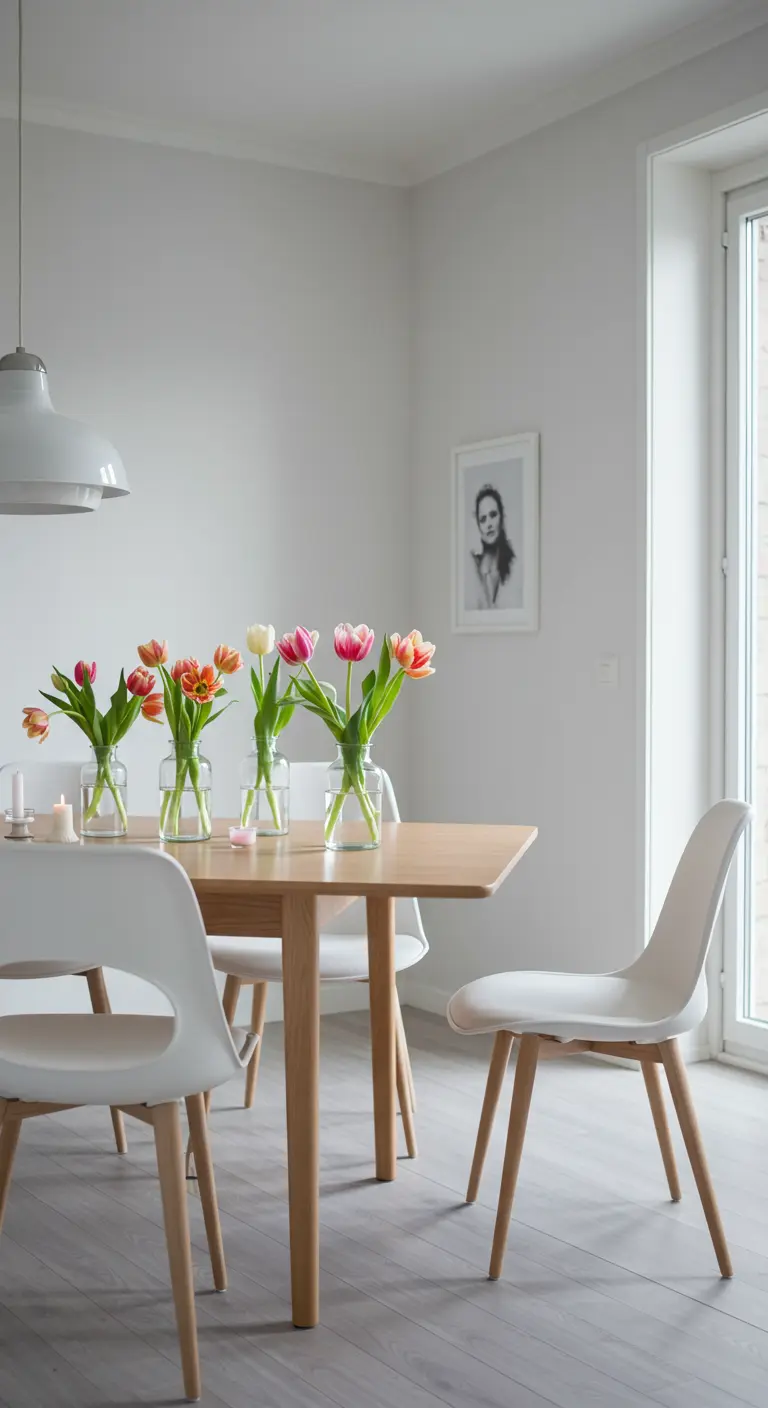 Ligne de tulipes colorées dans des vases individuels sur une table en bois clair.