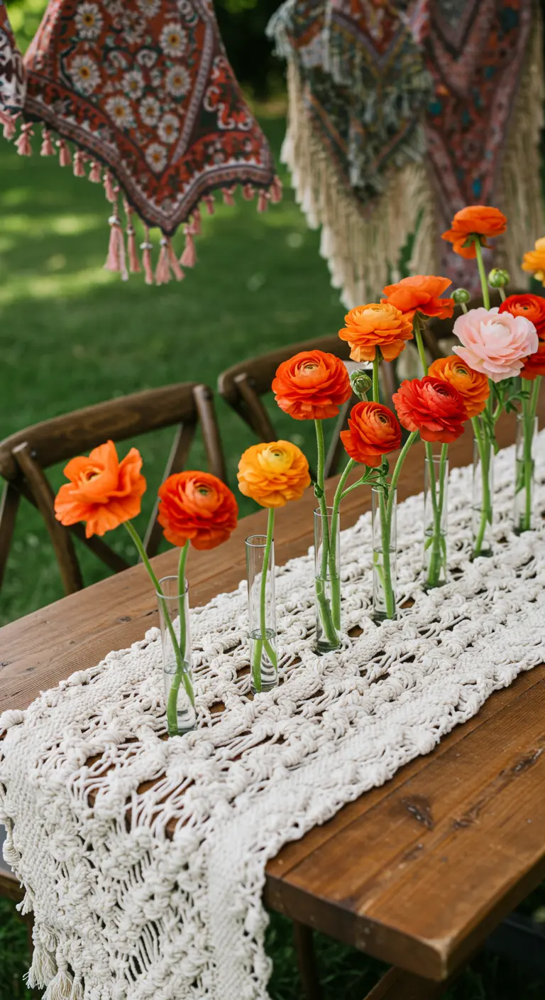 Alignement de fleurs orange dans des vases soliflores transparents sur un chemin de table en macramé.