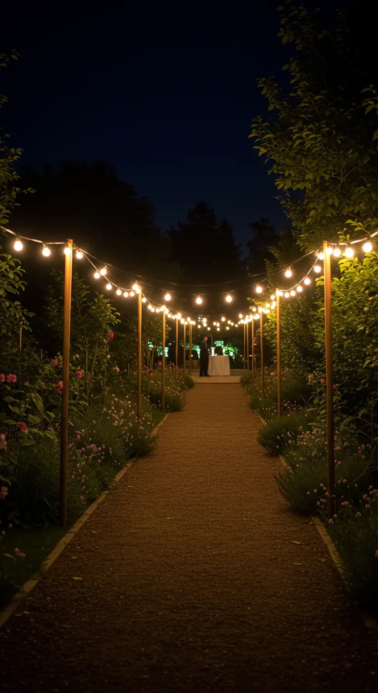 Allée de jardin la nuit, bordée de poteaux en bois supportant des guirlandes lumineuses.