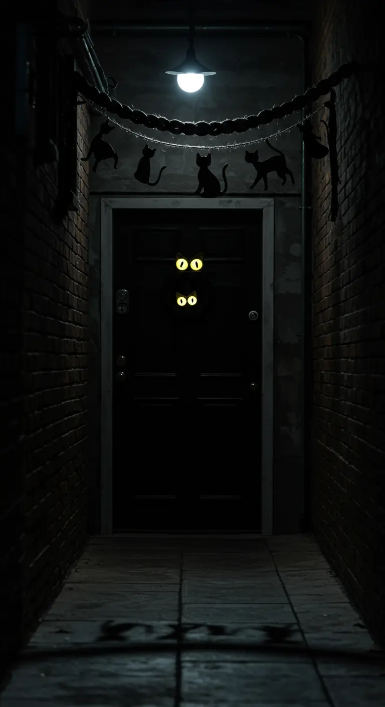 Porte noire dans un couloir sombre avec des silhouettes de chats et des yeux brillants.
