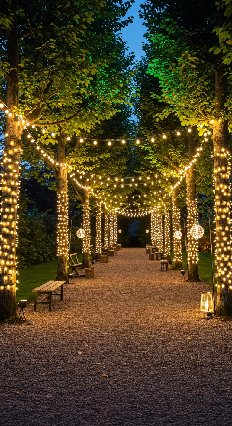 Allée de jardin bordée d'arbres illuminés par des guirlandes LED et des sphères lumineuses.