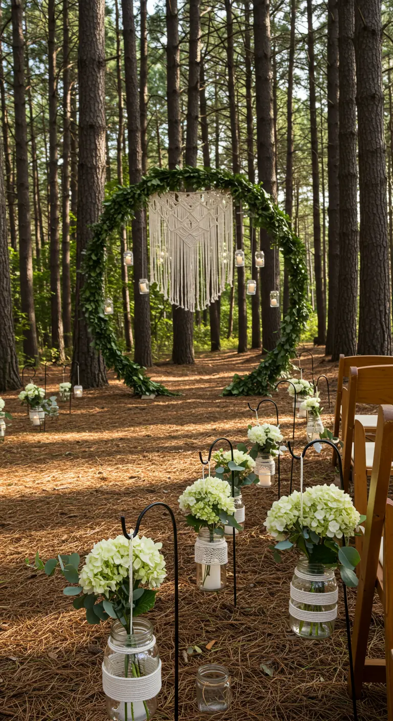 Allée de mariage en forêt, arche végétale, bocaux fleuris suspendus et macramé.