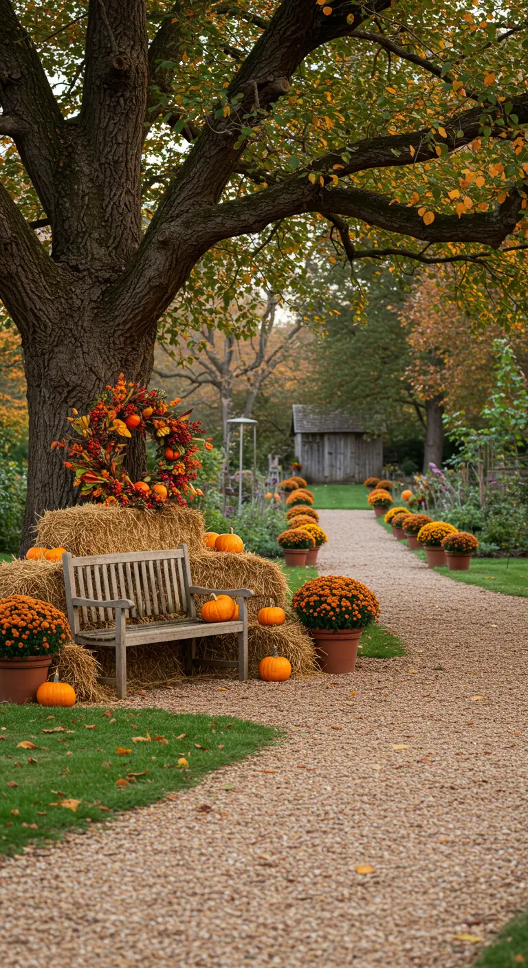 Allée de jardin automnale bordée de chrysanthèmes, citrouilles et bottes de paille, sous un grand arbre.