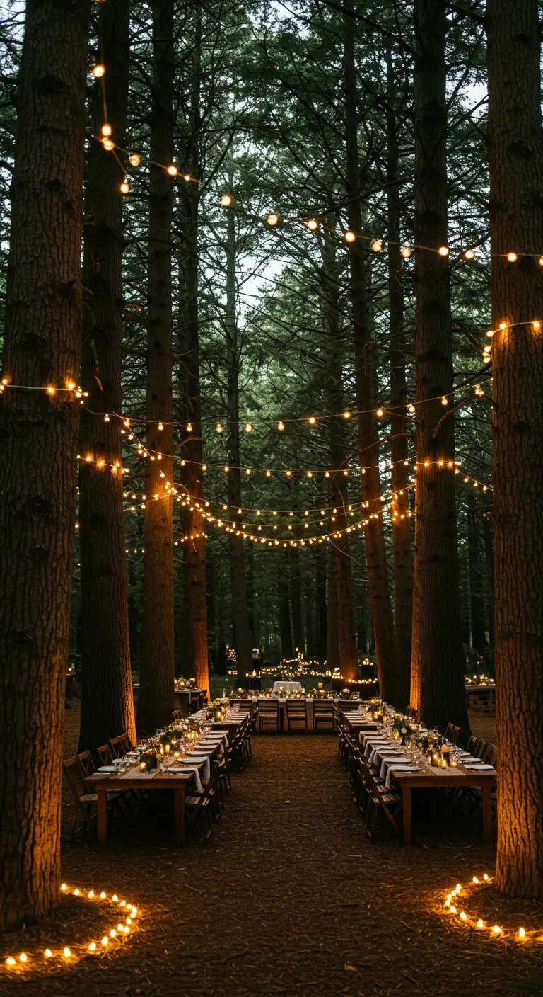 Longues tables de dîner dans une forêt, éclairées par des guirlandes lumineuses entre les arbres.