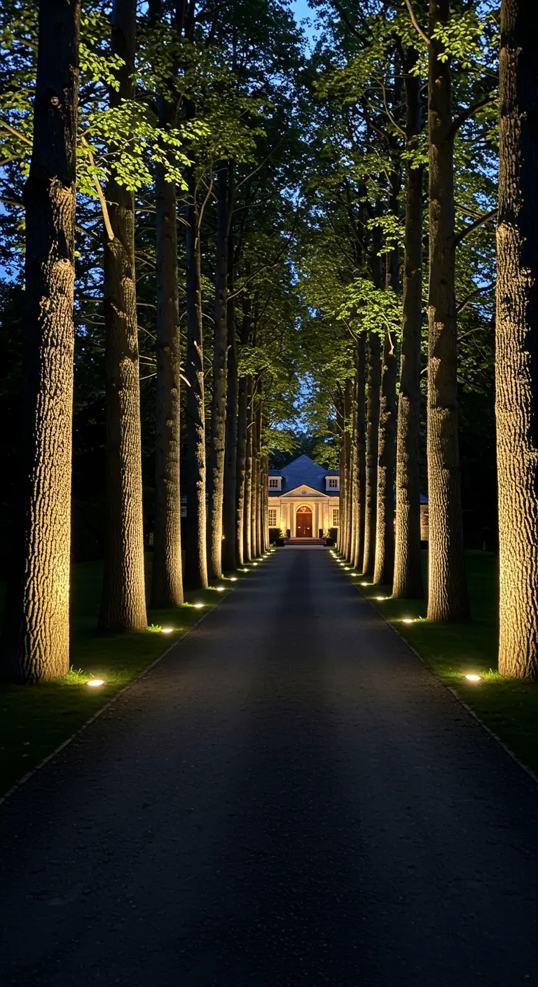 Longue allée bordée de grands arbres dont les troncs sont illuminés par des spots au sol.