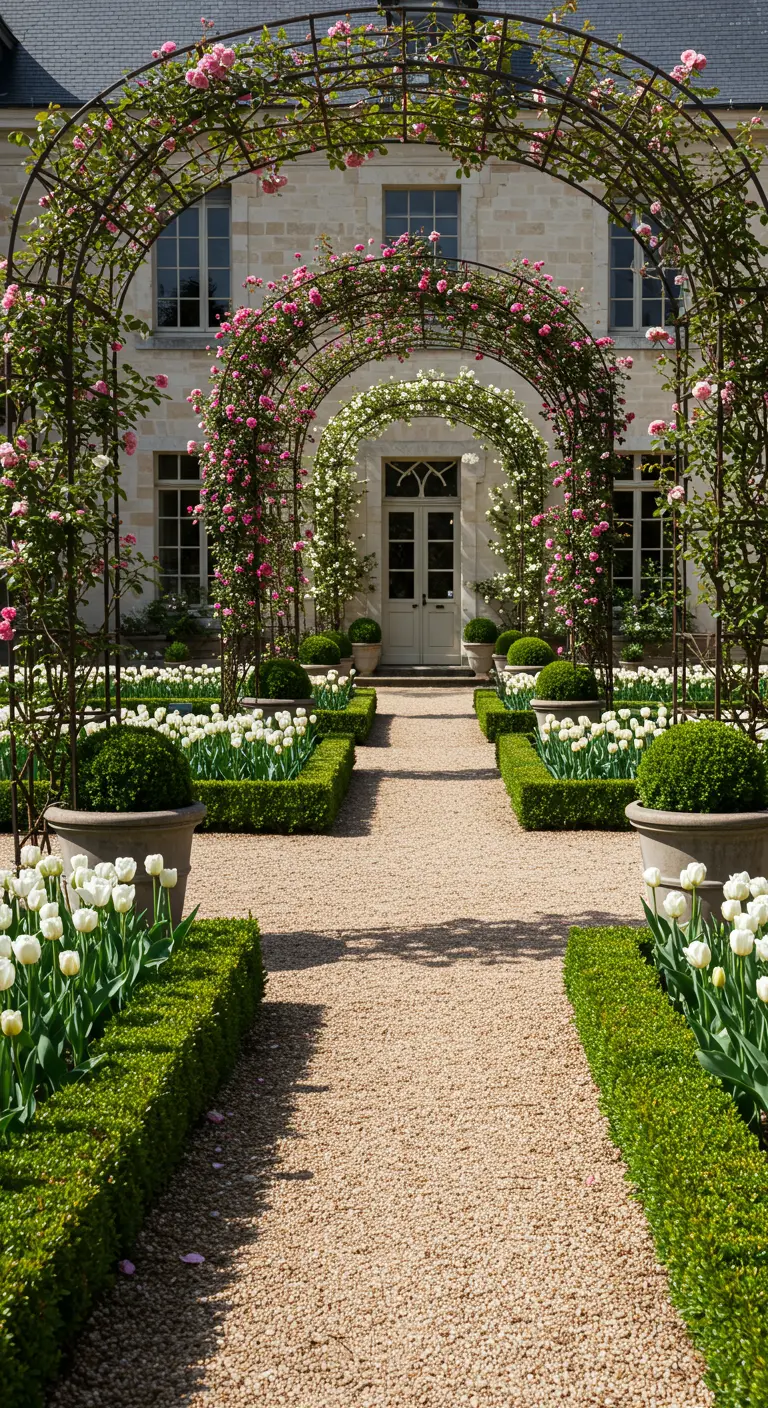 Jardin formel avec des arches de roses, des buis et des tulipes blanches.