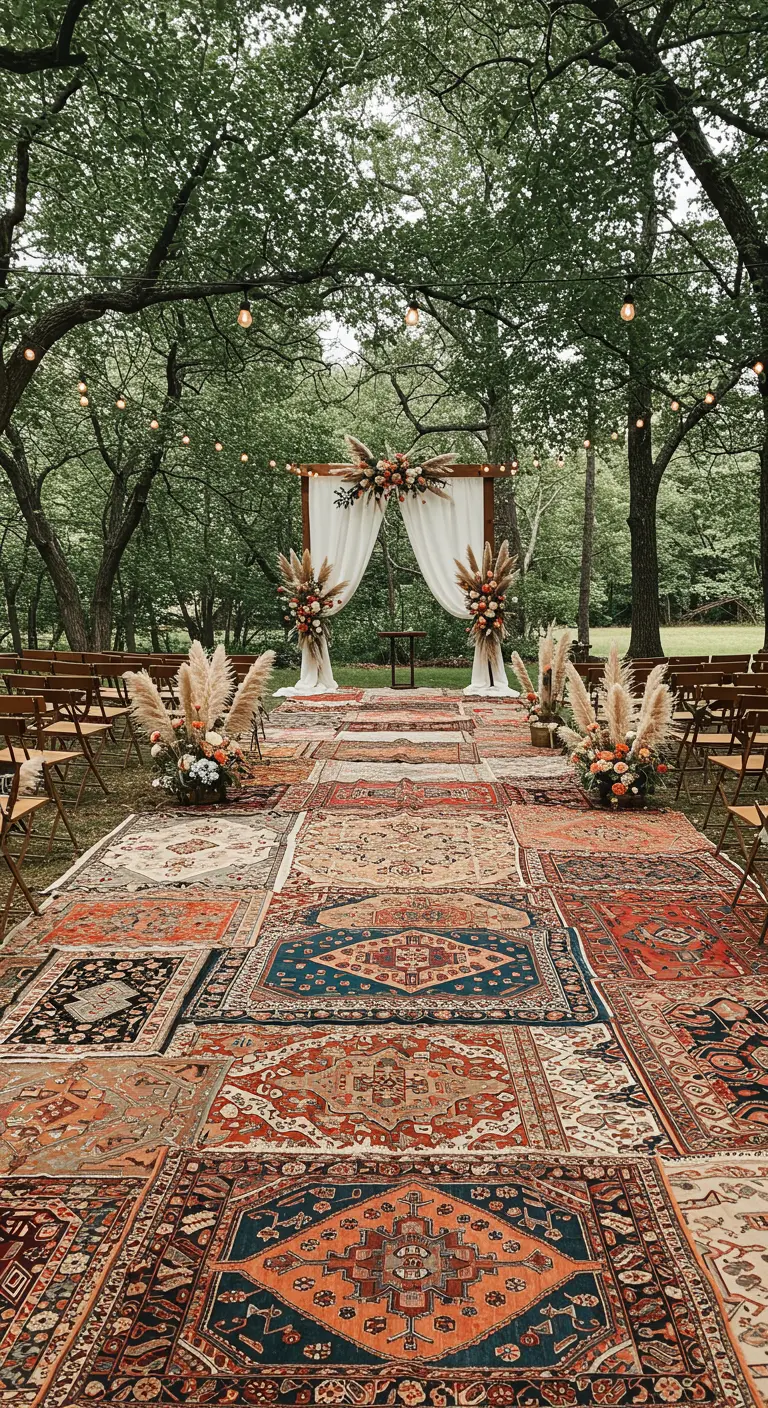 Cérémonie de mariage bohème en extérieur avec une allée de tapis orientaux, une arche florale blanche et des chaises en bois.