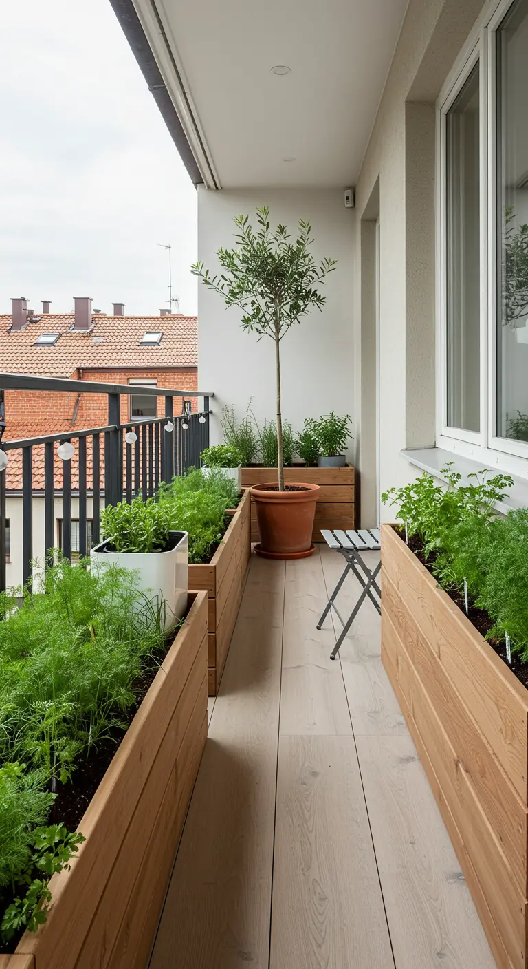 Balcon étroit aménagé avec de longues jardinières en bois blond remplies d'herbes et un petit olivier.