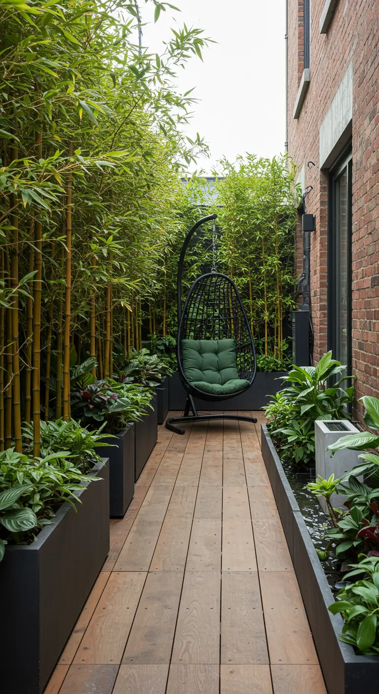Chaise suspendue noire sur un étroit patio bordé de bambou et de jardinières vertes.