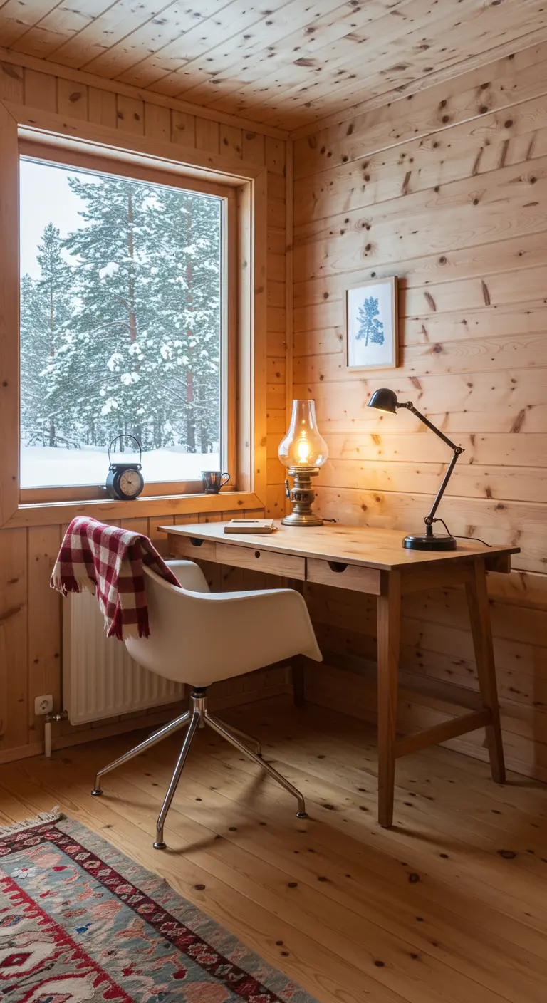 Bureau en bois dans une pièce lambrissée, avec un plaid à carreaux et une vue sur la neige.