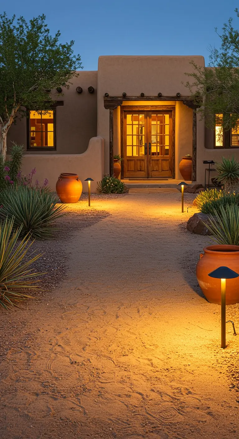 Chemin de sable vers une maison adobe, éclairé par des balises lumineuses discrètes.