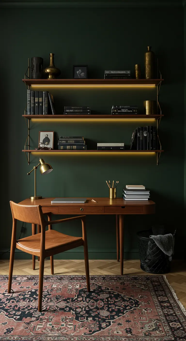 Bureau en bois devant un mur vert foncé, avec des étagères éclairées par des rubans LED.