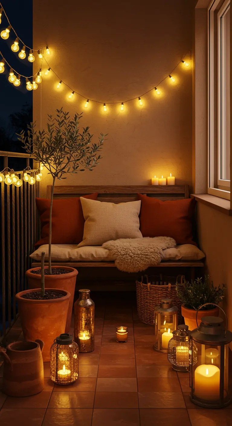 Balcon de style méditerranéen avec banc en bois, pots en terre cuite et lanternes.