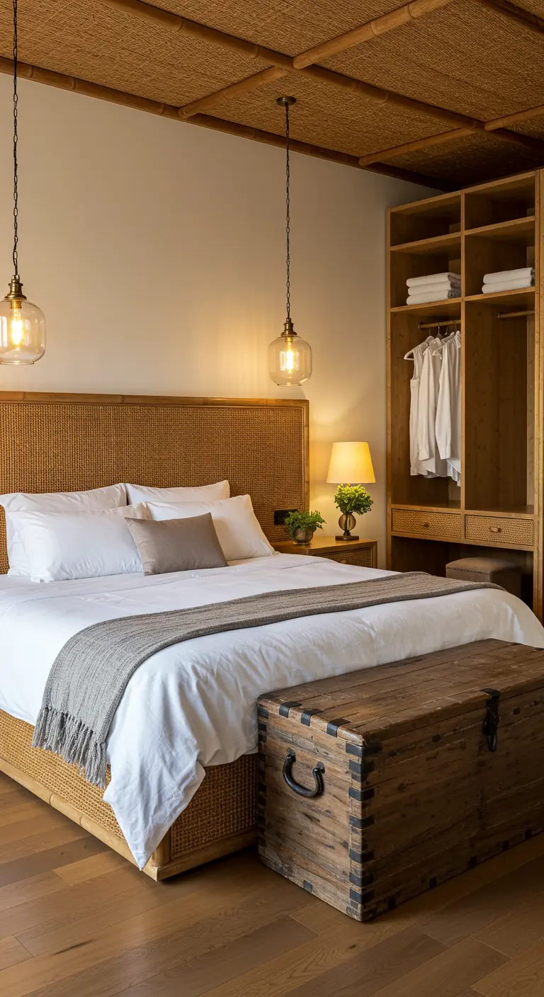 Chambre de style colonial avec tête de lit en rotin et malle de voyage en bois.