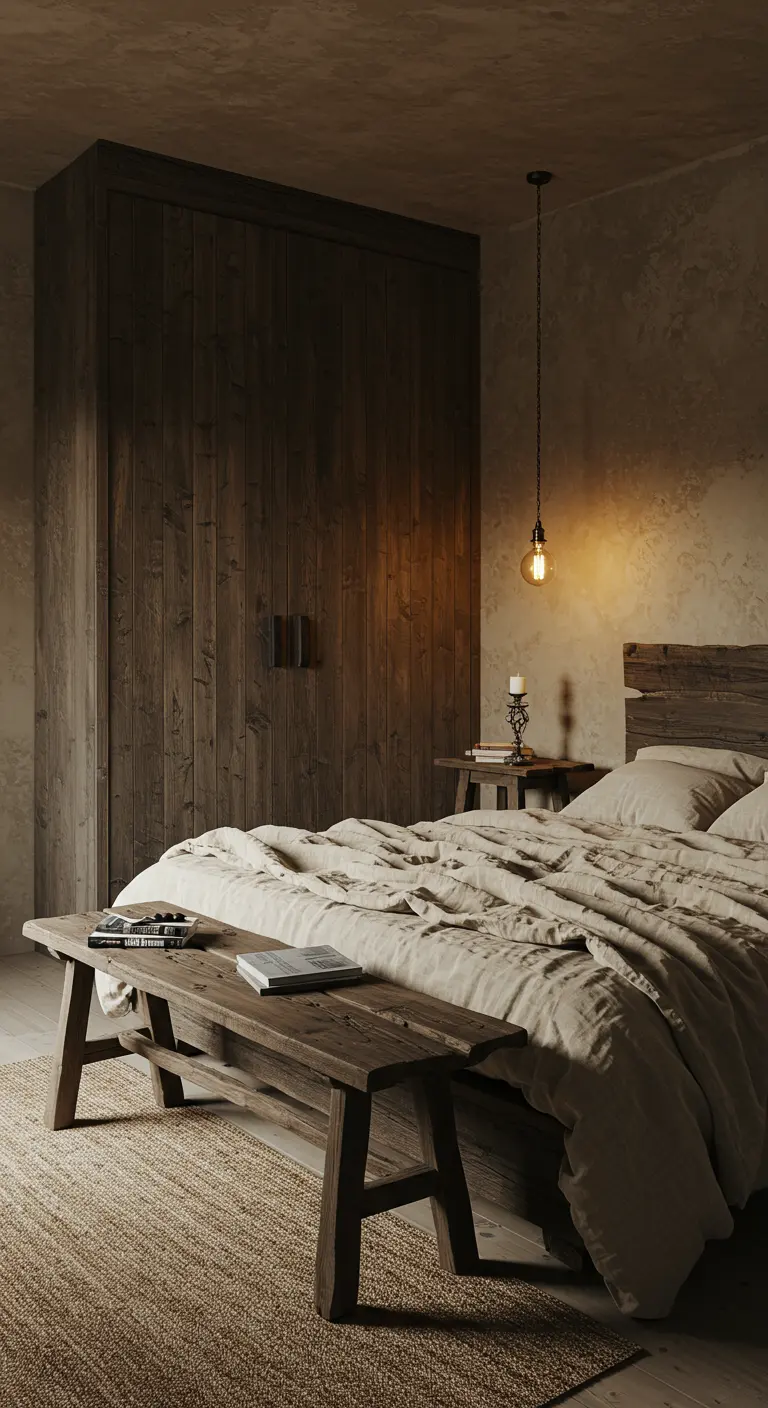 Chambre rustique de style Wabi-Sabi avec du bois sombre et des murs texturés.