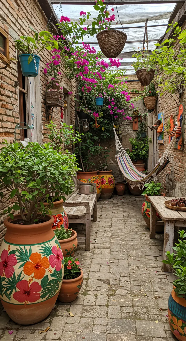 Allée étroite avec des murs en briques, des pots en terre cuite peints avec des motifs d'hibiscus, et un hamac coloré.