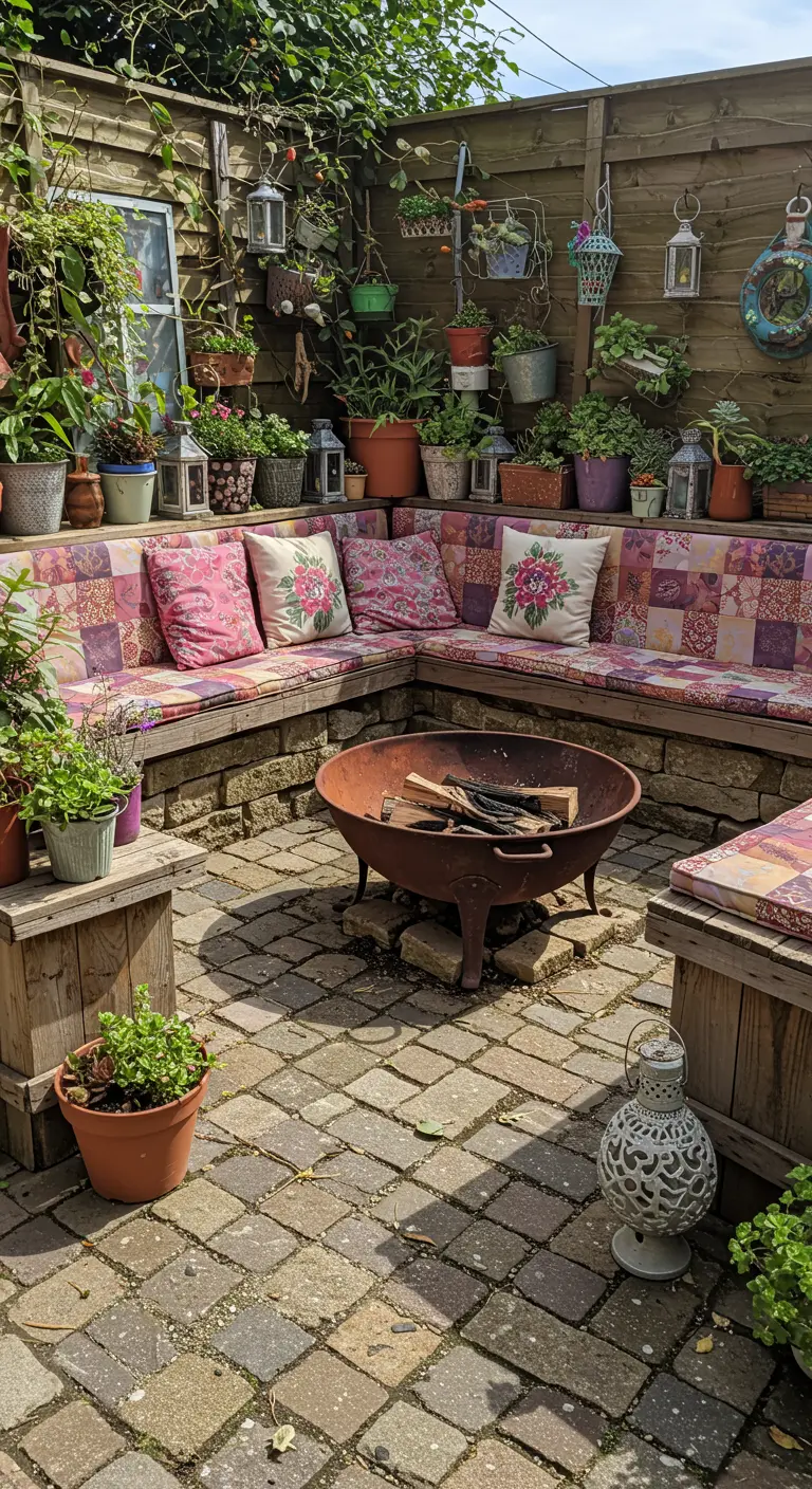 Petit patio bohème avec banquettes en pierre et bois, coussins patchwork, foyer en métal, murs végétalisés.