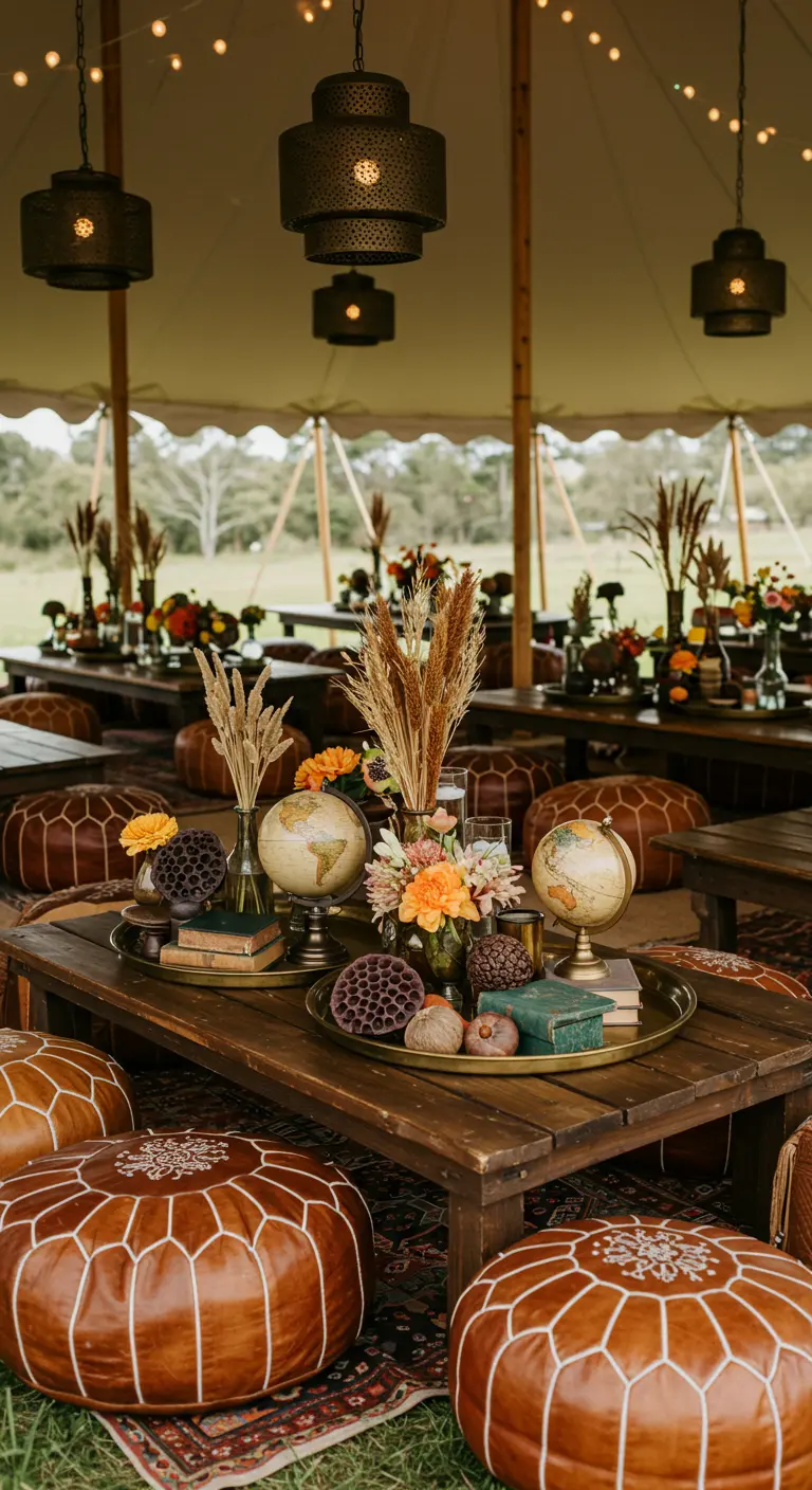 Décor de mariage bohème avec des globes, des livres et des fleurs séchées sur des tables basses.