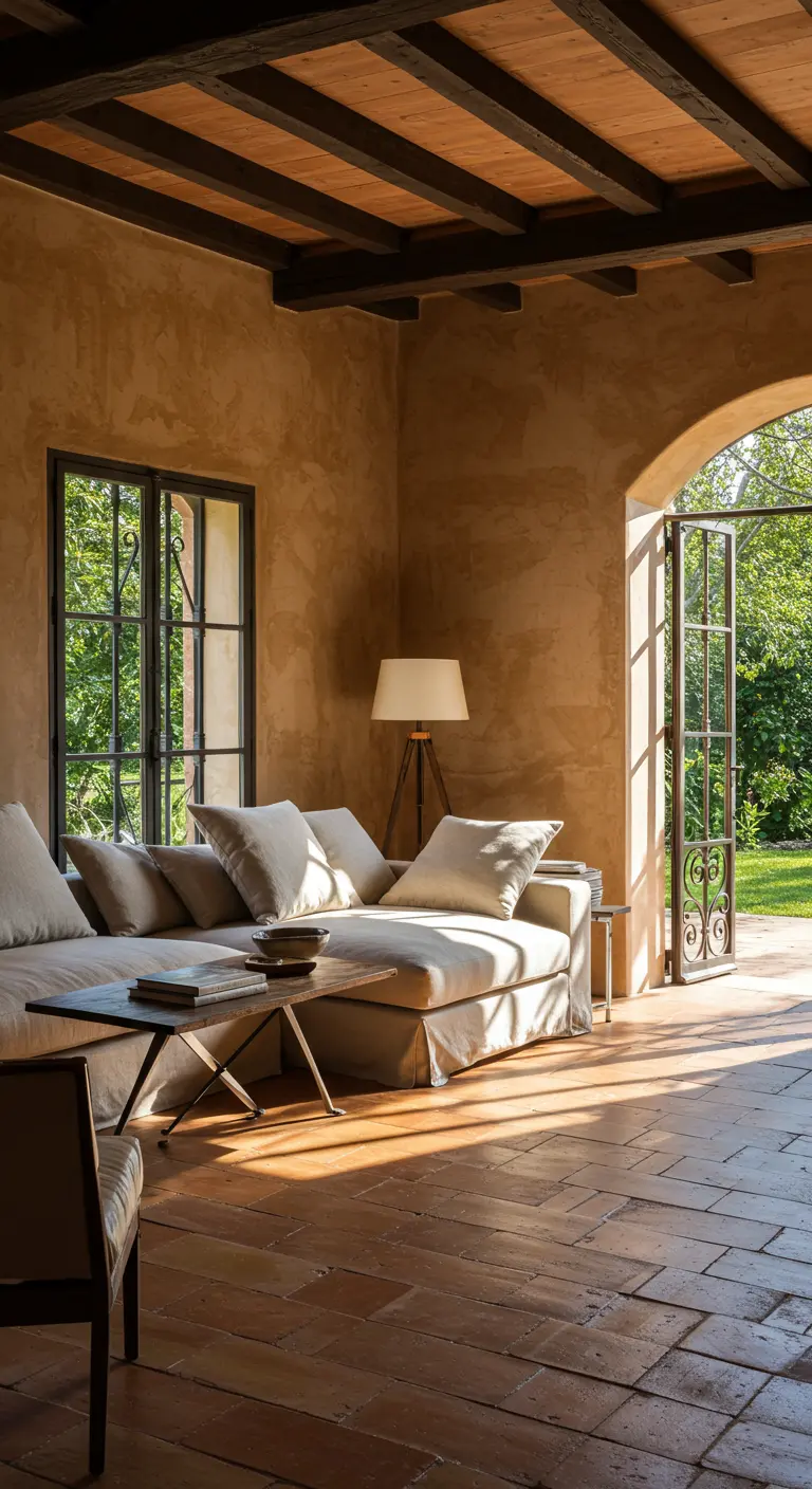Intérieur méditerranéen avec des murs ocres texturés et des poutres apparentes.